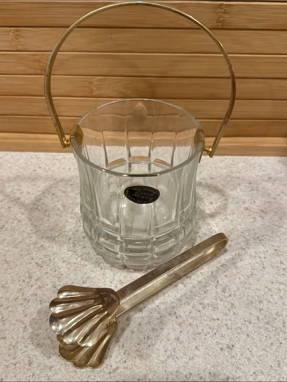 Clear Glass Miniature Ice Bucket with Gold Handle and gold tongs